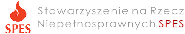 Logo Stowarzyszenie na Rzecz Niepełnosprawnych SPES. PO lewej stronie loga grafika płomienia.