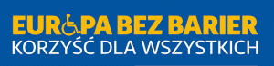 Logo Europa bez barier dla wszystkich. Biało żółte napisy na niebieskim tle.