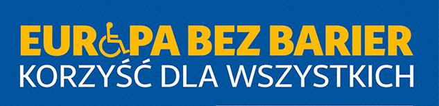 Logo Europa bez barier dla wszystkich. Biało żółte napisy na niebieskim tle.