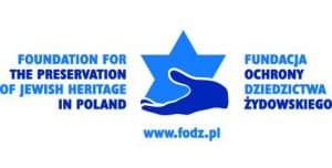 Logo Foundation for perseveration of jewish heritage in poland. Fundacja ochrony dziedzictwa żydowskiego. Pomiędzy napisami jest dłoń która trzyma gwiazdę. Niebieskie napisy na białym tle.