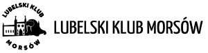 Logo Lubelski Klub Morsów. Obok napisów Logo z Zamkiem Lubelskim. Czarna grafika i napisy na białym tle.