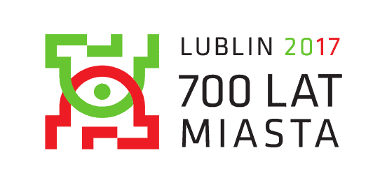 Logo miasta lublin. Obok zielono czerwona grafika bohomazów. Białe tło