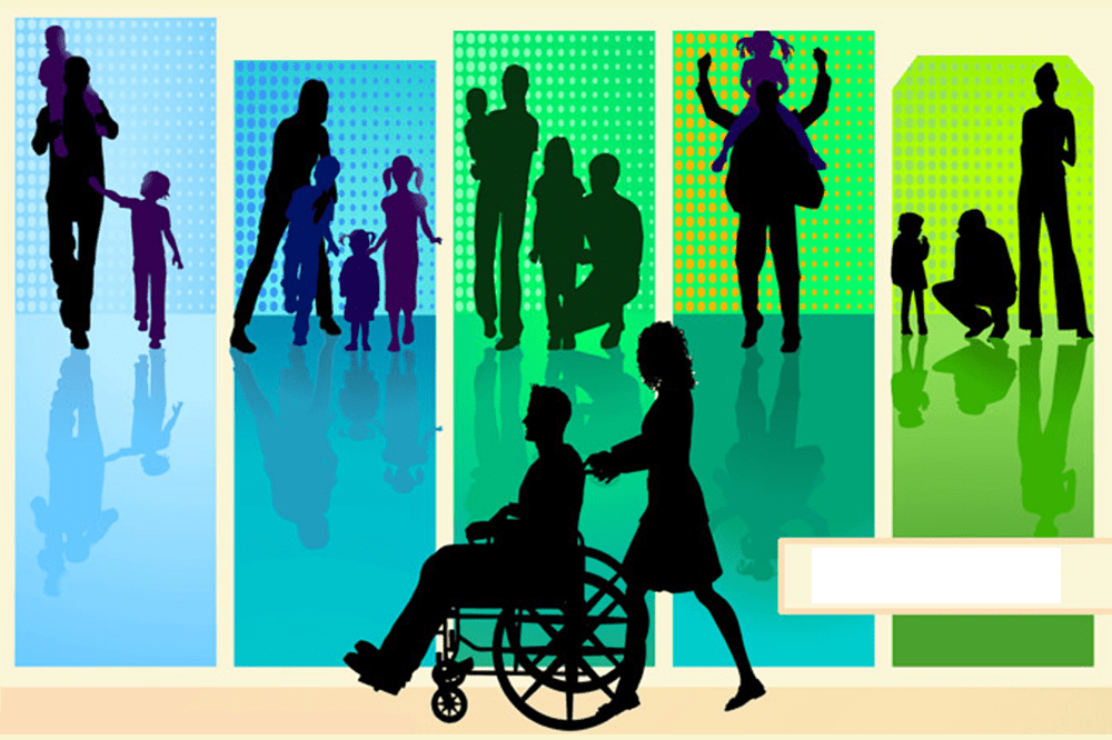 Plakat na którym kobieta prowadzi mężczyznę na wózku inwalidzkim. W tle ilustracje ludzi spędzających czas - mężczyzna z dziewczynką na dzieckiem na barana.