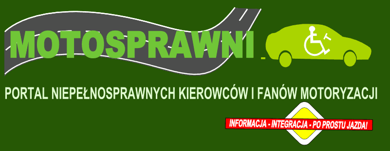 logo motosprawni, poniżej tekst - Portal niepełnosprawnych kierowców i fanów motoryzacji. Tło ma kolor zielony. W tle w aucie jest znaczek osoby na wózku inwalidzkim.
