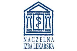 Logo Naczelna Izba Lekarska. Nad napisami budynek w środku którego jest wąż oplatający kij.