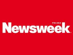 Logo gazety newsweek. Białe napisy proste na czerwonym tle.