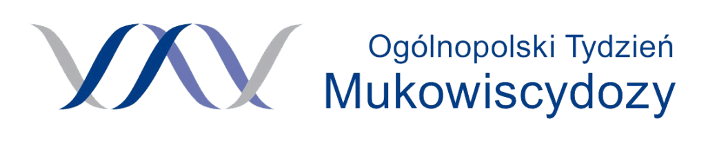 Napis Ogólnopolski tydzień mukowiscydozy na białym tle. Po lewej strony niebiesko szare bohomazy.
