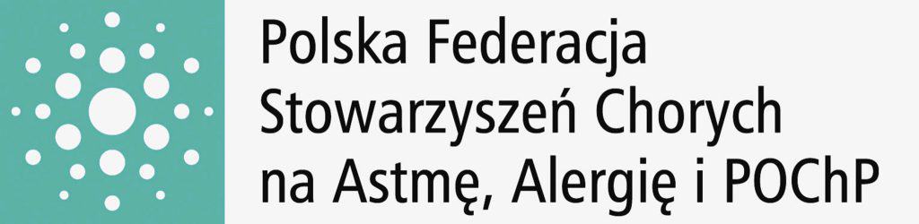 Na plakacie sa napisy Polska Federacja Stowarzyszeń Chorych na Astmę, Alergię i POchP. Po lewej stronie zielony kwadrat z białymi kołami.