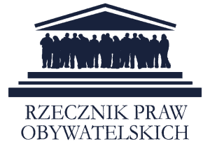 Logo Rzecznik praw obywatelskich. Nad napisem jest grafika ludzi stojących na schodach pod dachem na wzór sądu najwyższego.