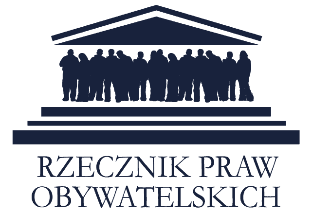 Logo Rzecznik praw obywatelskich. Nad napisem jest grafika ludzi stojących na schodach pod dachem na wzór sądu najwyższego.
