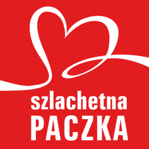 Logo szlachetnej paczki. Białe napisy na czerwonym tle. Nad napisami białe serce.