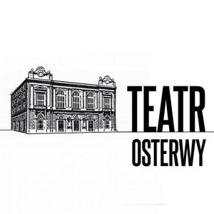 Logo teatru Osterwy. Obok napisów jest budynek teatru. Napisy czarne na białym tle.
