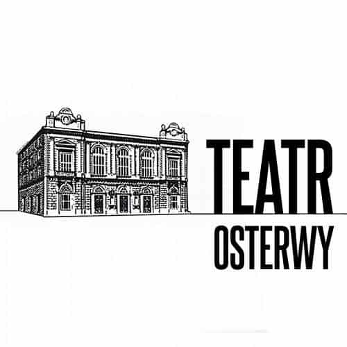 Logo teatru Osterwy. Obok napisów jest budynek teatru. Napisy czarne na białym tle.
