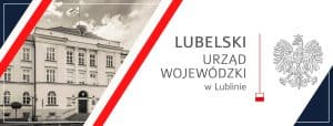 Plakat Lubelski urząd wojewódzki w lublinie. Po lewej stronie zdjecie urzędu. PO prawej grafika orła Polski.