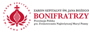 Logo Bonifratrzy. Na białym tle. Obok napisu grafika krzyża.