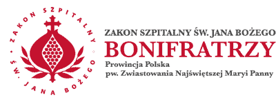 Logo Bonifratrzy. Na białym tle. Obok napisu grafika krzyża.