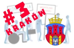 Plakat z napisem 3 kraków oraz godłem krakowa. W tle grafika osób na wózkach inwalidzkich z banerami.