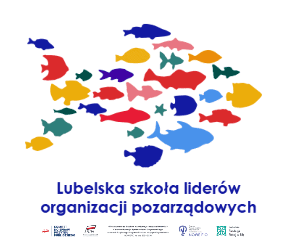 Kolorowe małe rybki formujące się w kształt dużej rybki. Poniżej tekst: Lubelska szkoła liderów organizacji pozarządowych.