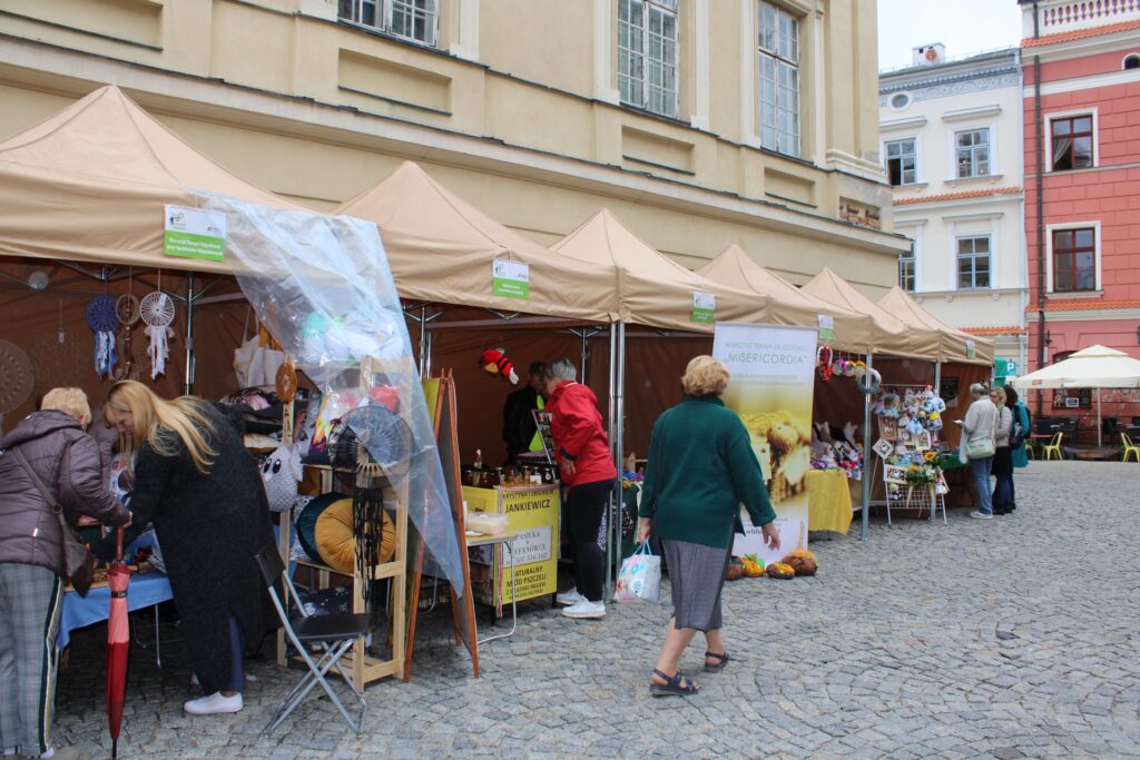Widok na stoiska wystawiennicze podczas Targów Ekonomii Społecznej.