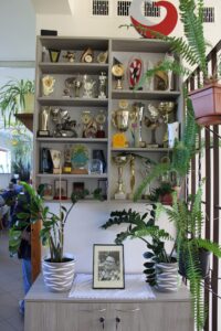 Zbliżenie na wiszący regał z pucharami. Poniżej na środku blatu komódki oparte zdjęcie w ramce - czarno-biały portret kobiety uśmiechniętej. Między zdjęciem w ramce kwiaty zielone w doniczce.