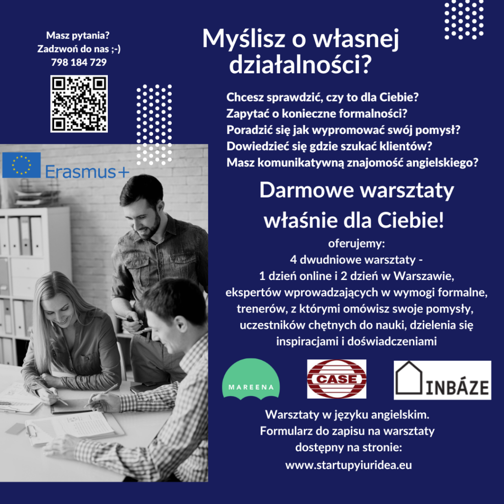 Plakat promujący darmowe warsztaty dla planujących własną działalność gospodarczą