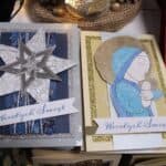 Ręcznie wykonane kartki świąteczne oferowane na stoisku Polskiego Stowarzyszenia Młodzież Sprawna Inaczej Warsztat Terapii Zajęciowej – Zgłobień