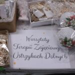 Biała kartka wielkości A4 z czarnym napisem „Warsztaty Terapii Zajęciowej w Ustrzykach Dolnych”, umieszczona pomiędzy świątecznymi dekoracjami rękodzielniczymi, przeznaczonymi do sprzedaży podczas Mikołajkowego Jarmarku Pracy