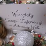 Biała kartka wielkości A4 z czarnym napisem „Warsztat Terapii Zajęciowej w Bobrowej Woli”, umieszczona pomiędzy świątecznymi dekoracjami rękodzielniczymi, przeznaczonymi do sprzedaży podczas Mikołajkowego Jarmarku Pracy