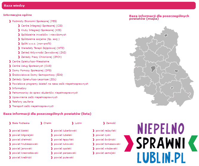 Zrzut ekranowy podstrony https://niepelnosprawnilublin.pl/baza-wiedzy/ z logotypem niepelnosprawnilublin.pl