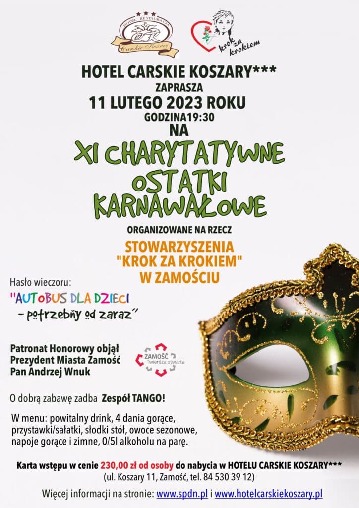 Plakat z informacjami o XI Charytatywnych Ostatkach Karnawałowych w Hotelu Carskie Koszary w Zamościu