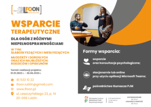 Plakat informacyjny dot. Projektu realizowanego przez LFOON-SW pn. "Wsparcie terapeutyczne"