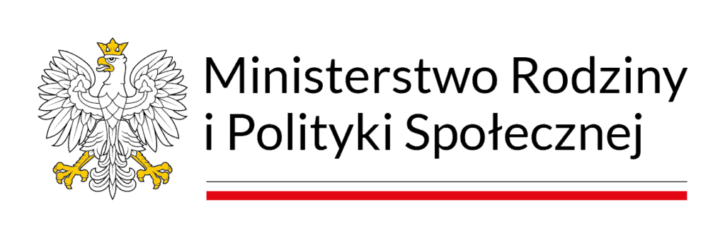 Logotyp Ministerstwa Rodziny i Polityki Społecznej z wizerunkiem orła i wstęgą w kolorach flagi państwowej