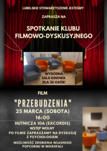Plakat zapraszający na spotkanie Klubu Filmowo-Dyskusyjnego w dniu 25 marca