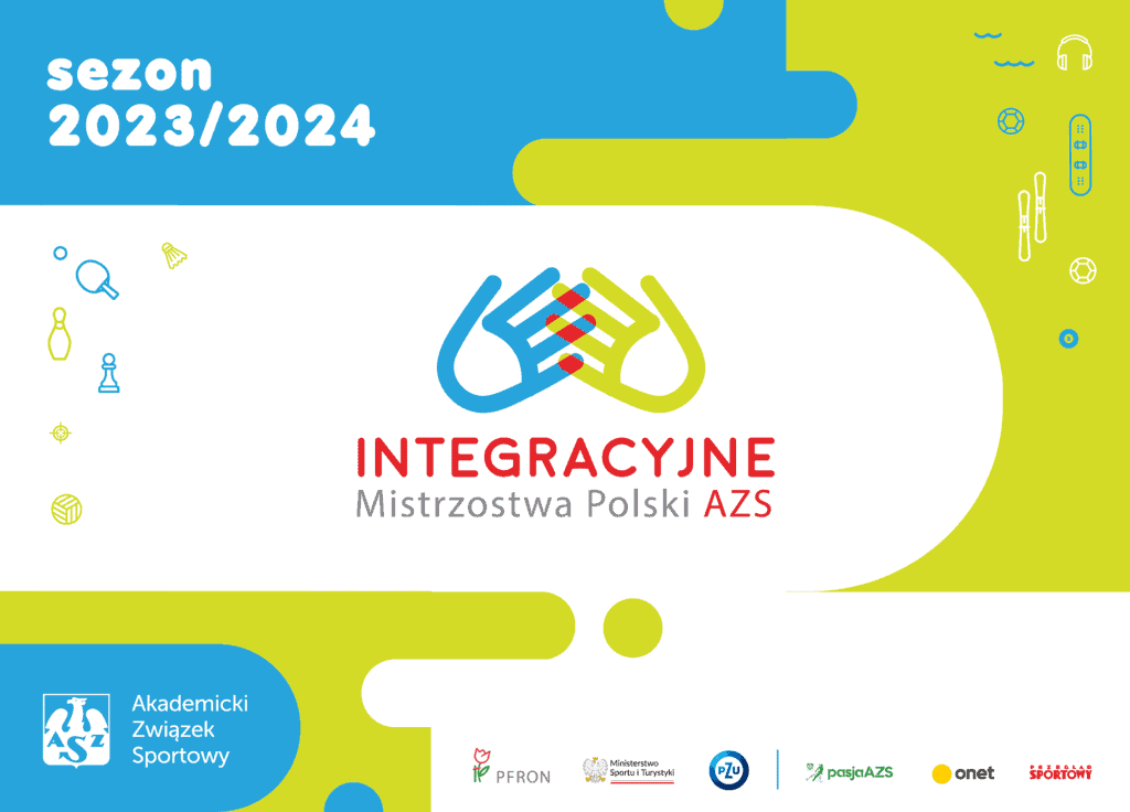 Plakat informacyjny Integracyjnych Mistrzostw Polski AZS, zawierający w stopce logotypy: PFRON, Ministerstwa Sportu i Turystyki, PZU, pazsjaAZS, onet oraz Przeglądu Sportowego
