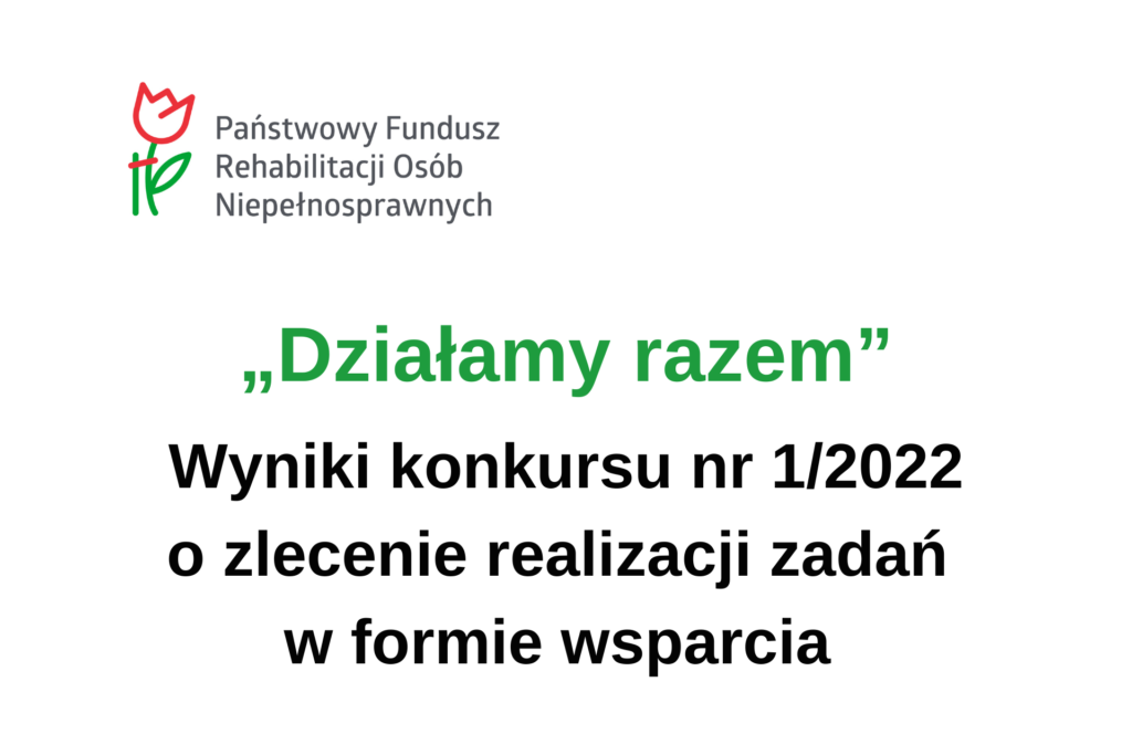Informacja na białym tle z logo PFRON w nagłówku i napisem w centralnej części: "Działamy razem" Wyniki konkursu nr 1/2022 o zlecenie realizacji zadań w formie wsparcia