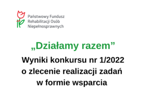 Informacja na białym tle z logo PFRON w nagłówku i napisem w centralnej części: "Działamy razem" Wyniki konkursu nr 1/2022 o zlecenie realizacji zadań w formie wsparcia