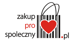 Logo Zakup prospołeczny; wykorzystano w nim rozpoznawalne elementy: kod kreskowy, serce, torbę na zakupy