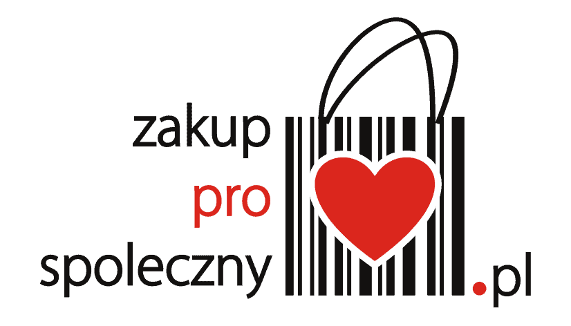 Logo Zakup prospołeczny; wykorzystano w nim rozpoznawalne elementy: kod kreskowy, serce, torbę na zakupy