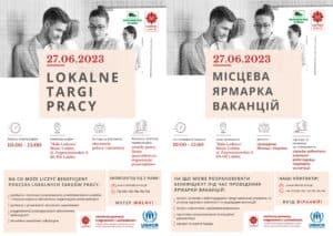 Zestawienie ulotek informujących o targach pracy w językach polskim i ukraińskim