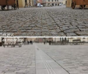 Zdjęcie przedstawia obecną nawierzchnię lubelskiego Starego Miasta w zestawieniu, jak mogłaby wyglądać w przyszłości po wdrożeniu projektu Szpilkostrady