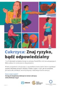 Plakat z okazji Światowego Dnia Cukrzycy 2023 pod hasłem: "Cukrzyca: Znaj ryzyko, bądź odpowiedzialny"