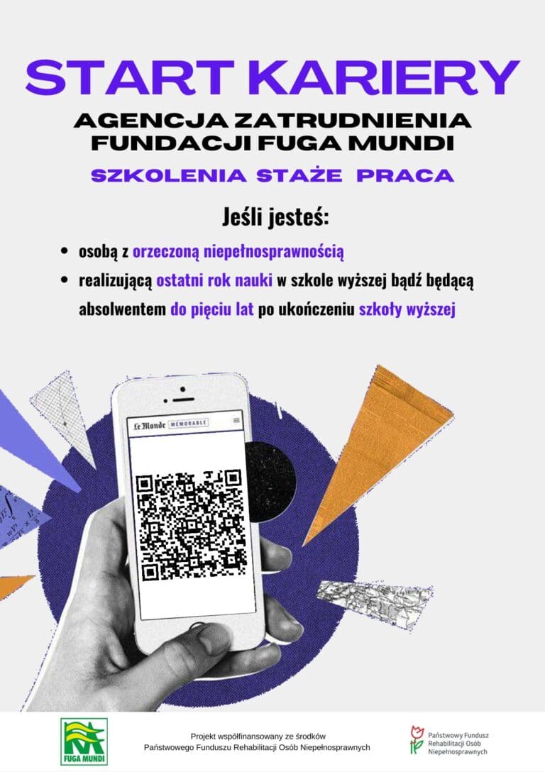 Pierwsza strona ulotki projektu "Start Kariery" z kodem QR, prowadzącym do formularza rekrutacyjnego