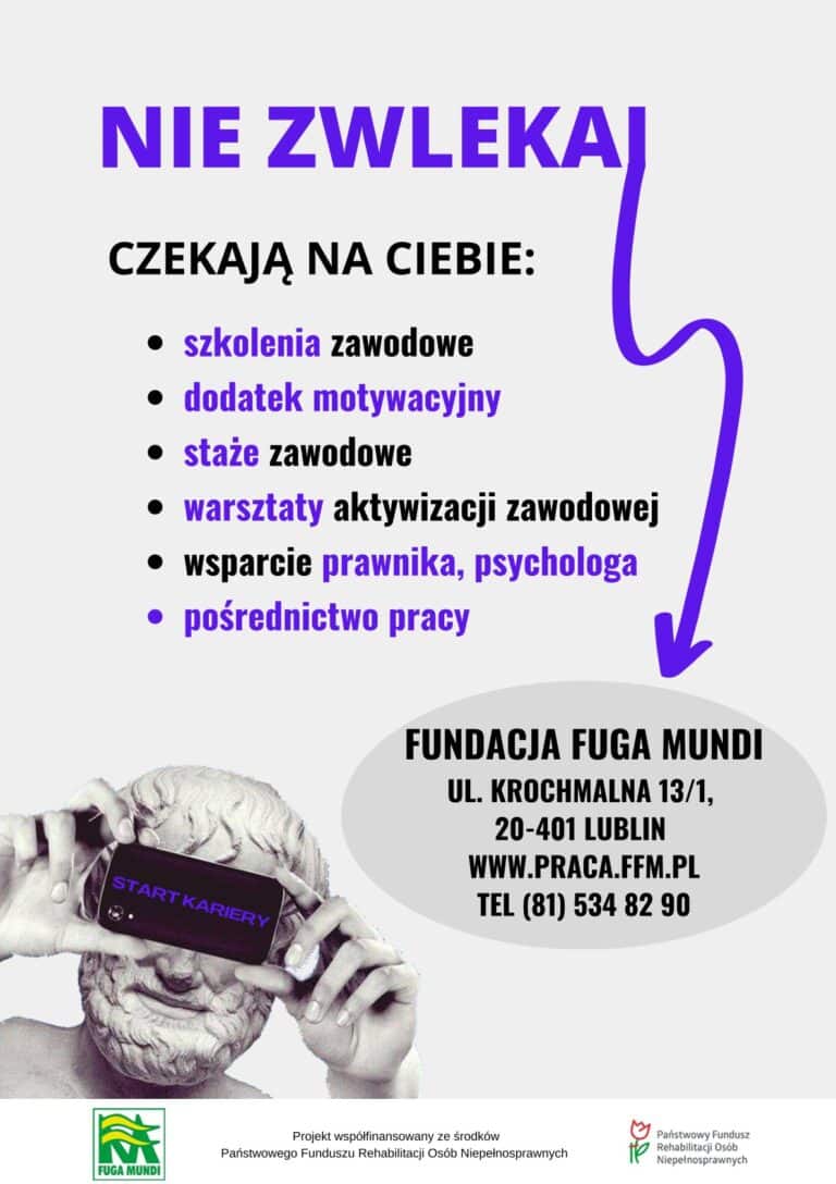 Druga strona ulotki projektu "Start Kariery" z danymi teleadresowymi Fundacji Fuga Mundi
