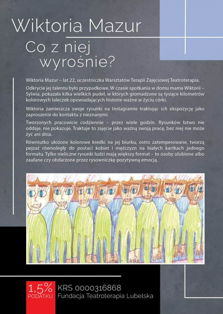 Tył ulotki promującej wystawę rysunków Wiktorii Mazur "Co z niej wyrośnie?" w Galerii Art Brut
