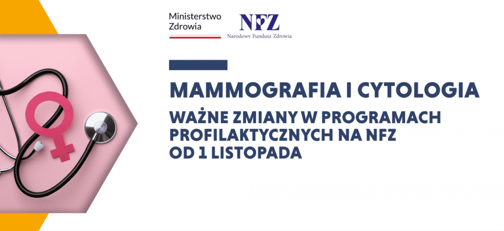 Baner z tekstem: Tekst: Mammografia i cytologia. Ważne zmiany w programach profilaktycznych na NFZ od 1 listopada