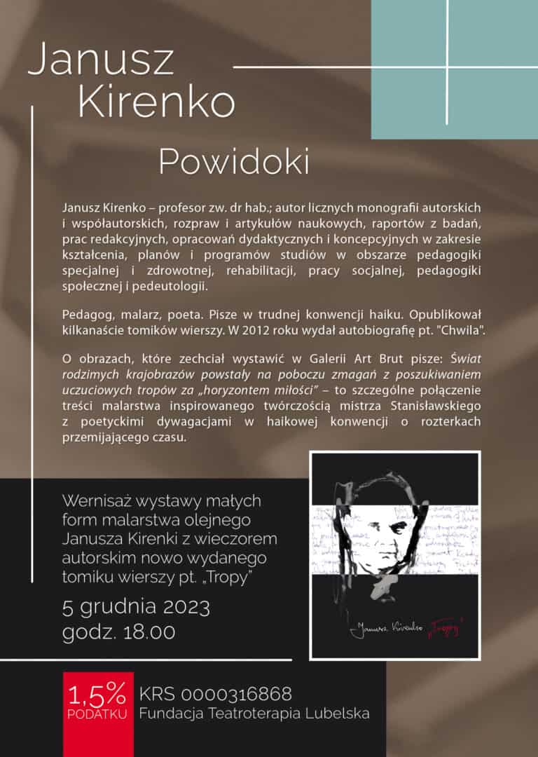 Tył ulotki promującej wystawę prof. Janusza Kirenki "Powidoki?" w Galerii Art Brut