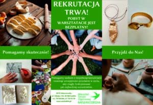 Grafika z kolażem zdjęć oraz z tekstem: Rekrutacja trwa! Pobyt w Warsztacie jest bepłatny! Pomagamy skutecznie! Przyjdź do Nas! Pomagamy osobom z niepełnosprawnościami rozwinąć umiejętności przydatne w życiu, aby mogły funkcjonować jak najbardziej samodzielnie. WTZ Misericordia ul Głuska 138, 20-380 Lublin, tel. 797 284 204, 81 759 92 99. www.wtzlublin.pl