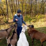 Chłopiec dokarmia cztery kozy w otoczeniu zielonego lasu. Jedna z nich ma białe futro, pozostałe są brązowe.