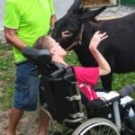 Mężczyzna na wózku inwalidzkim nawiązuje kontakt z osłem. Obok nich stoi inny mężczyzna