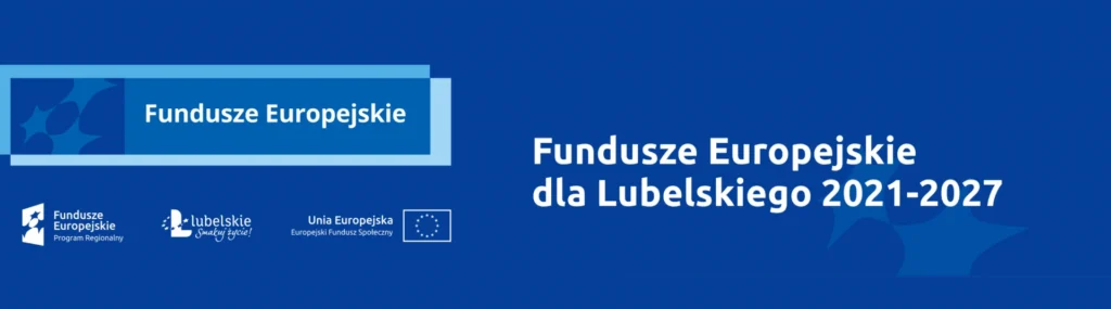 Ciemnoniebieska grafika z białym tytułem Fundusze Europejskie dla Lubelskiego 2021-2027